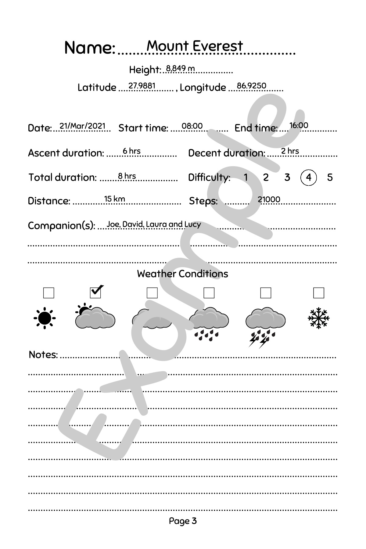 Mountain Logbook: Worked example — marked Example; prompts for dates, times, distance, weather, companions and notes.