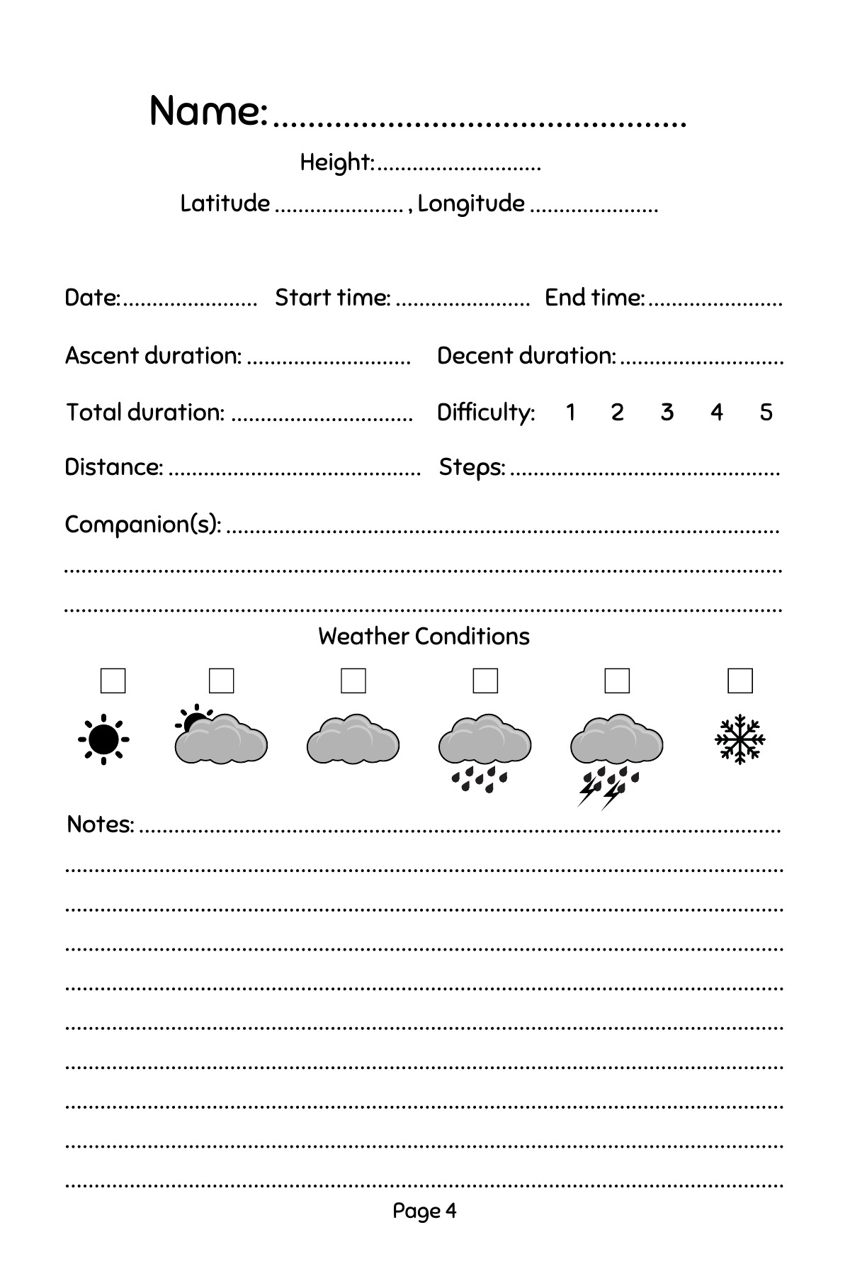 Mountain Logbook: Blank entry for your own walk; prompts for dates, times, distance, weather, companions and notes.