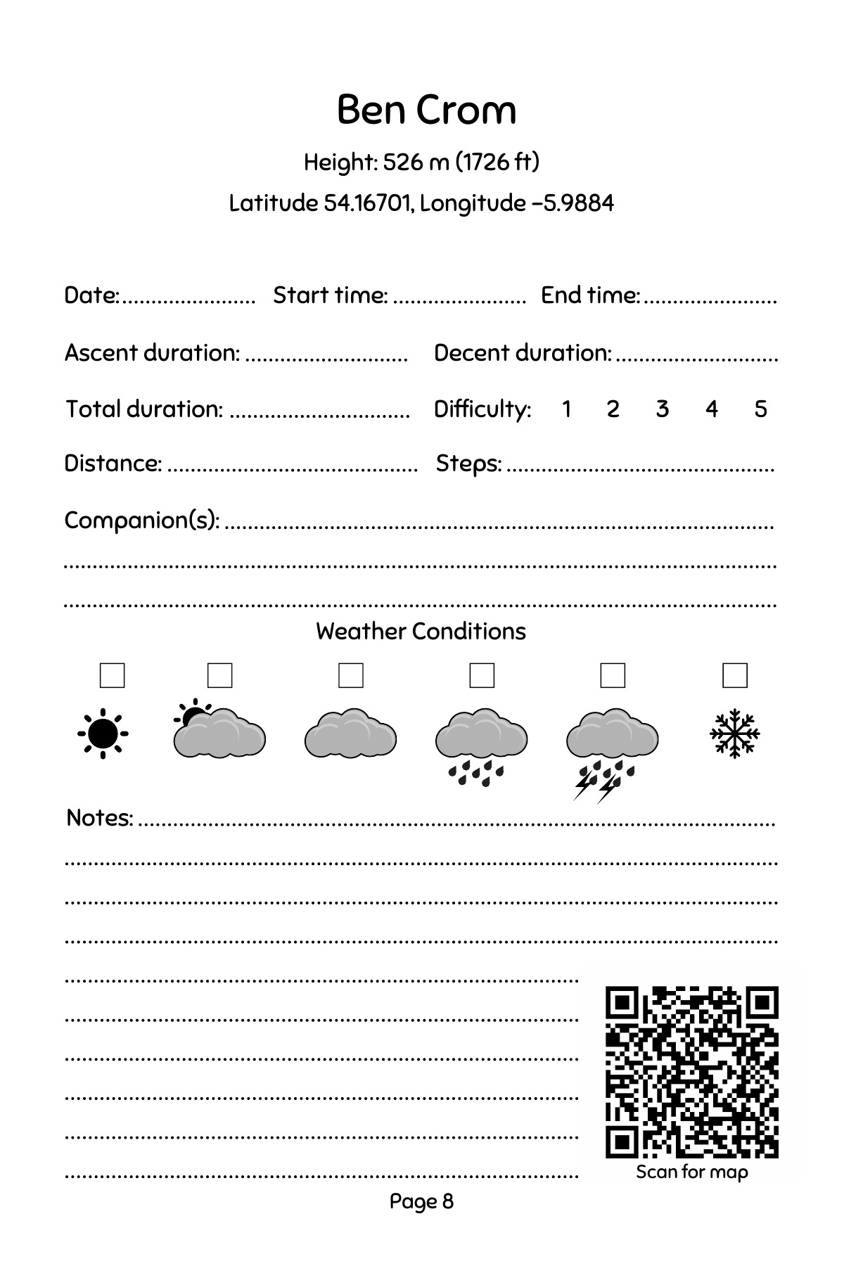 Mourne Mountains Log Book and Journal: Ben Crom journal entry; prompts for dates, times, distance, weather, companions and notes.